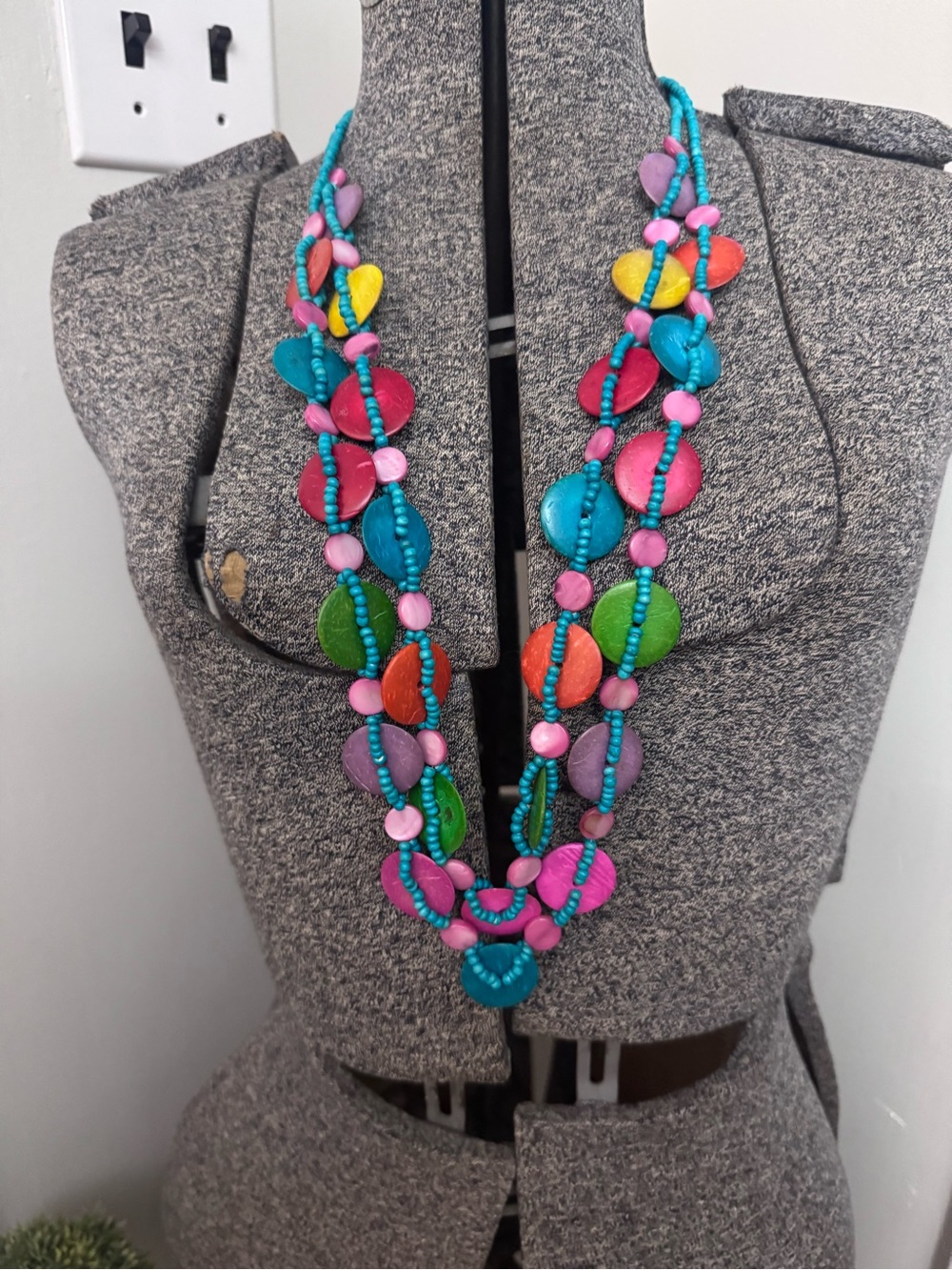 Colorful Multi-Strand Shell Bead Necklace - Vibrant Pink, Turquoise, Green
